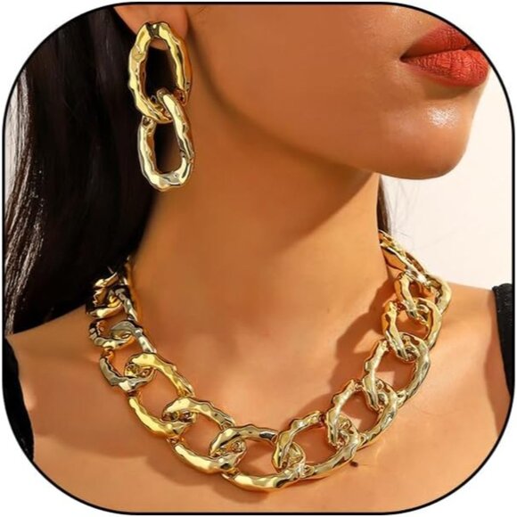 Jewelry - Acrylic 14K Gold Chunky Chain Necklace Earrings Set for Women,Punk Short Thick W